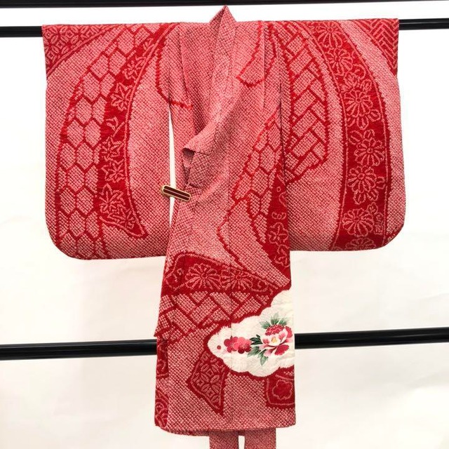 BY1873 正絹 一つ身 赤 刺繍 花 襦袢付 牡丹 豪華 七五三 かけ着